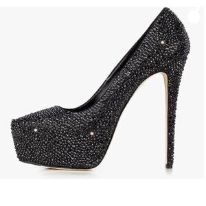 FSJ Black Closed Toe Platform Pumps High Heel Full Rhinestone Studded Shoes